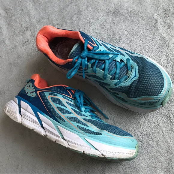 Hoka One One Shoes - Hoka One One Clifton Sneaker Blue Jewel Neon Coral
